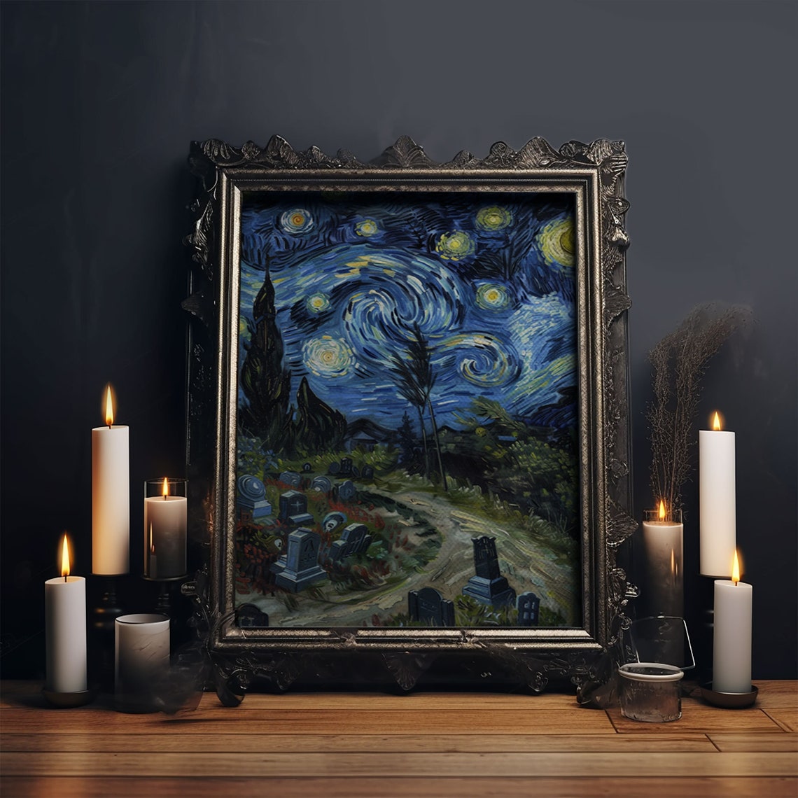 Starry Night Haunted Cemetery Graveyard Spooky Halloween Art Poster - Image 4
