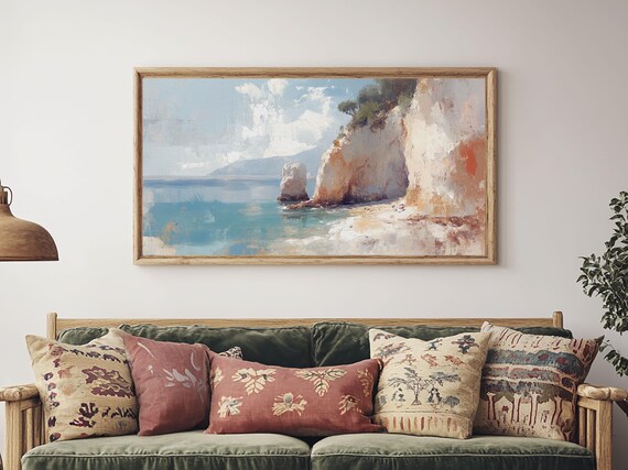 White Cliff Coastal Seascape Oil Painting Turquoise Water Beach Art Print