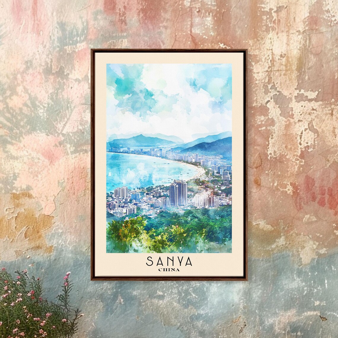 Sanya China Aerial Bay View Crescent Beach City Mountains Watercolor Poster - Image 3
