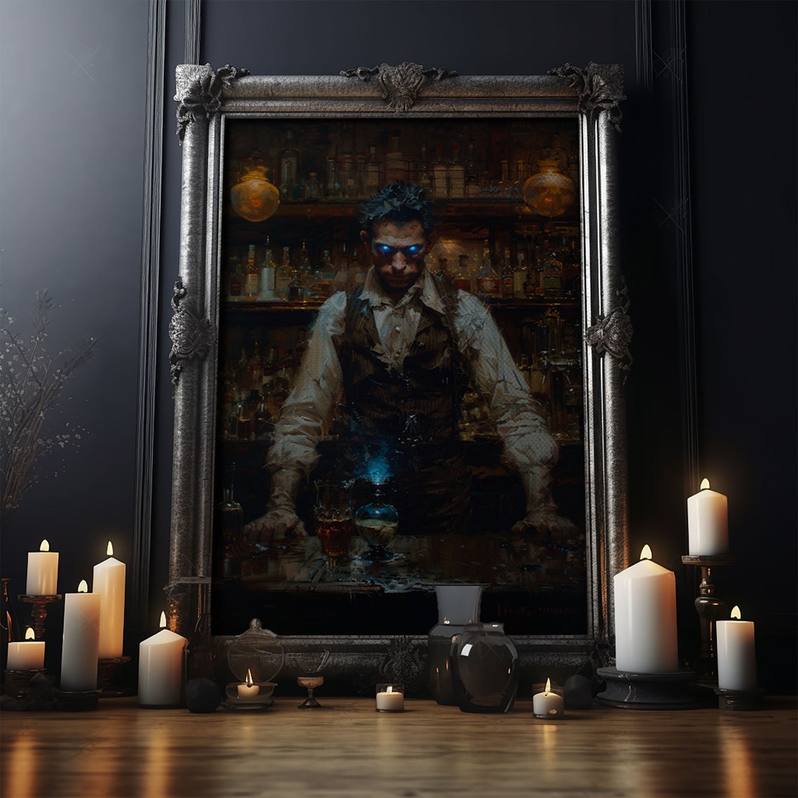 Mysterious Bartender With Glowing Eyes Behind Haunted Bar Poster - Image 5