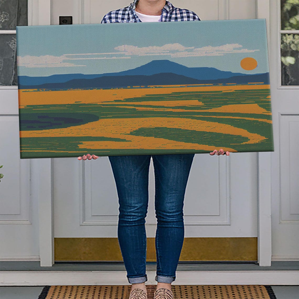 Pixel Art Mountain Landscape Orange Sun Retro Nature Wall Art Poster - Image 4