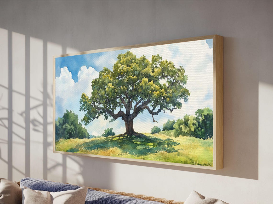 Majestic Oak Tree Sunny Meadow Blue Sky Watercolor Landscape Poster - Image 3