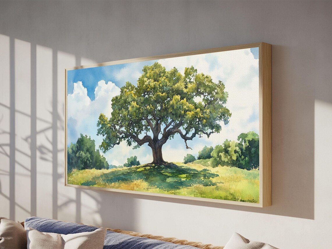 Sprawling Oak Tree Print Rustic Wall Art Panoramic Painting Nature Scene Bedroom Decor Horizontal Artwork Farmhouse Wall Art - Image 3