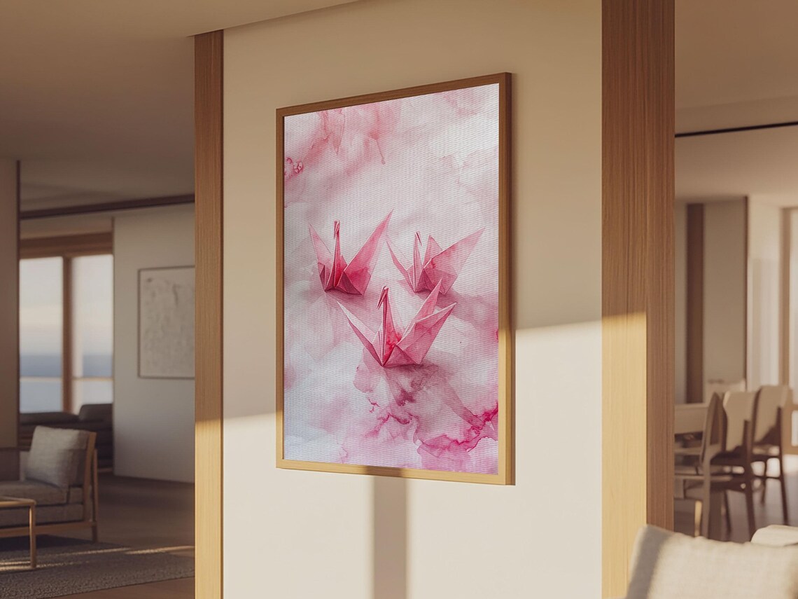 Pink Origami Cranes Watercolor Japanese Paper Birds Minimalist Poster - Image 3