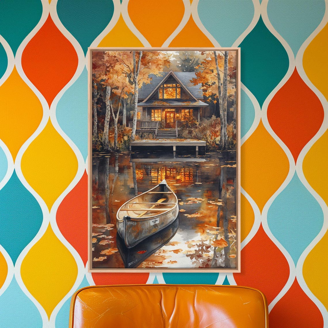 Autumn Lake House With Canoe On Water Golden Fall Reflections Poster - Image 2