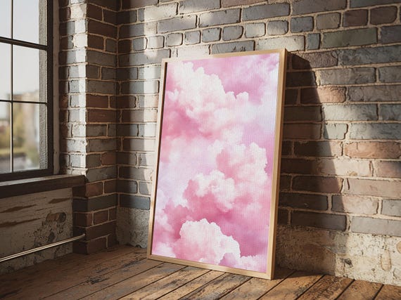Pink Dreamy Clouds Framed Print Light Pink Wall Art Cottagecore Aesthetic Minimalist Decor Horizontal Bedroom Art Gift Idea