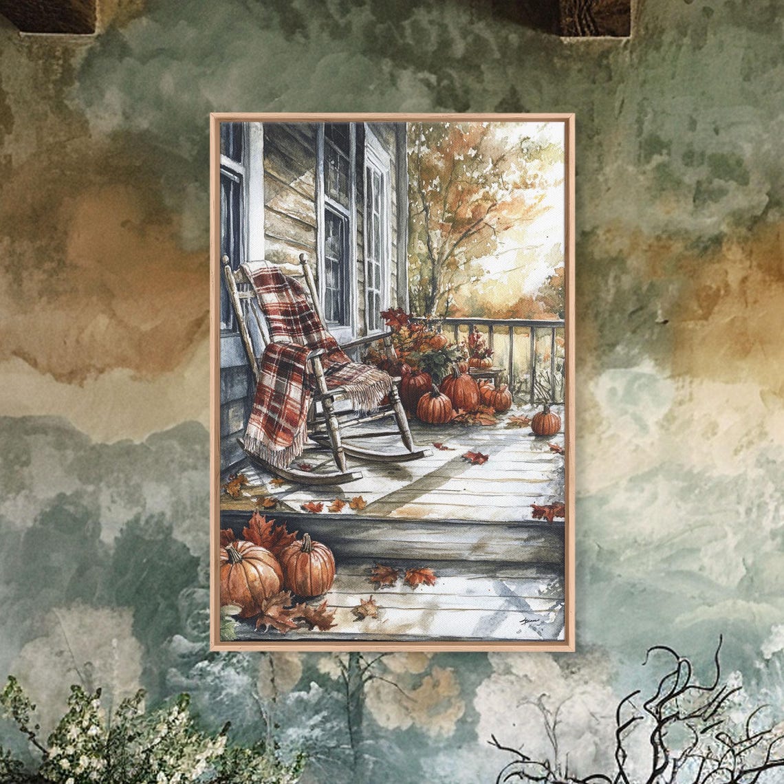 Fall Rocking Chair Porch Pumpkins Plaid Blanket Watercolor Wall Art - Image 2