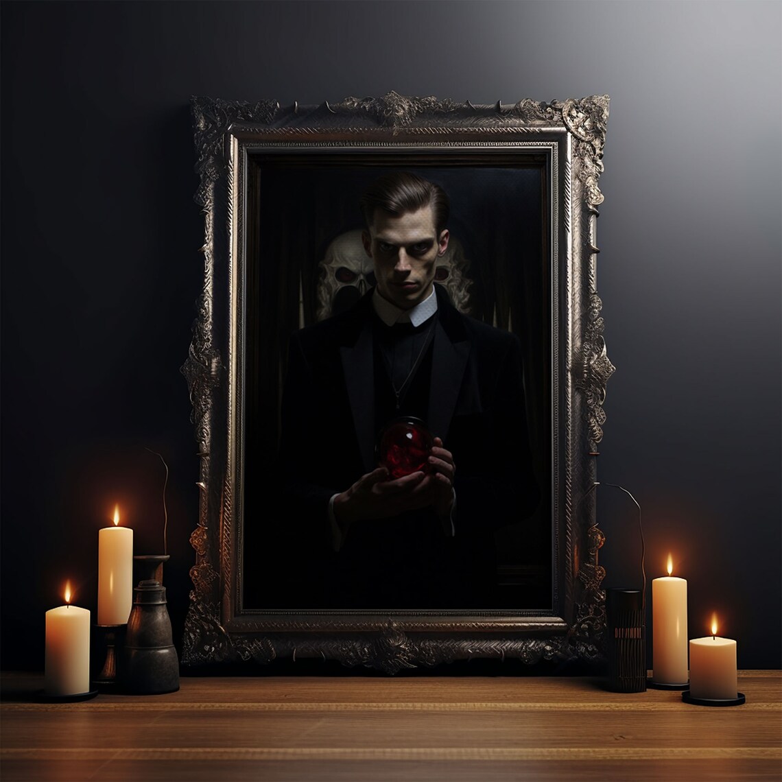 Dark Victorian Vampire Portrait Red Crystal Ball Gothic Spooky Art Print - Image 3