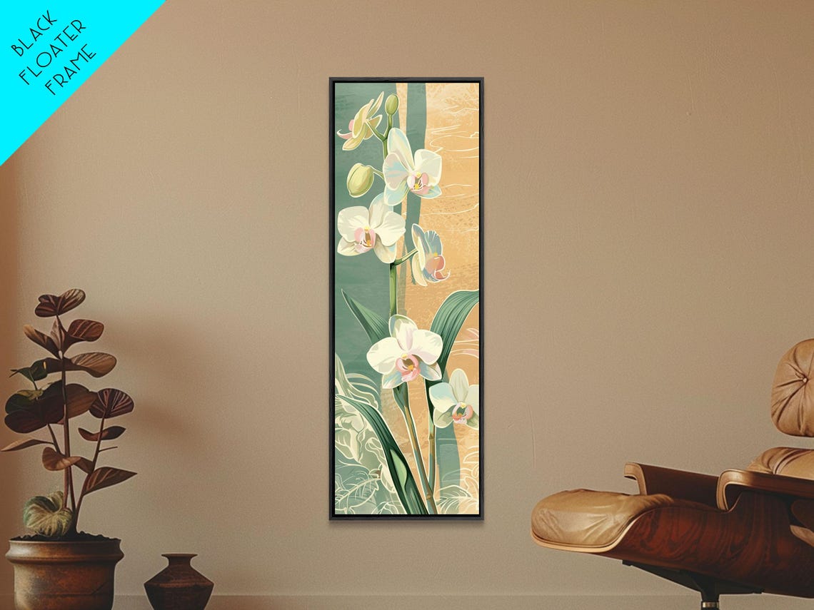 Delicate White Orchid Blossoms Teal Gold Japanese Vertical Print