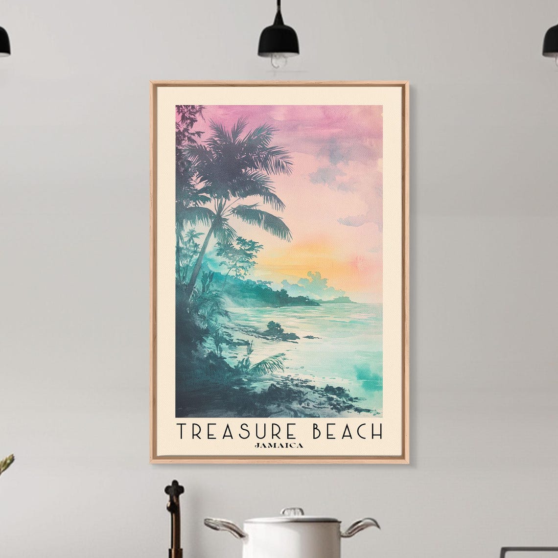 Treasure Beach Jamaica Palm Sunset Pink Sky Turquoise Sea Poster