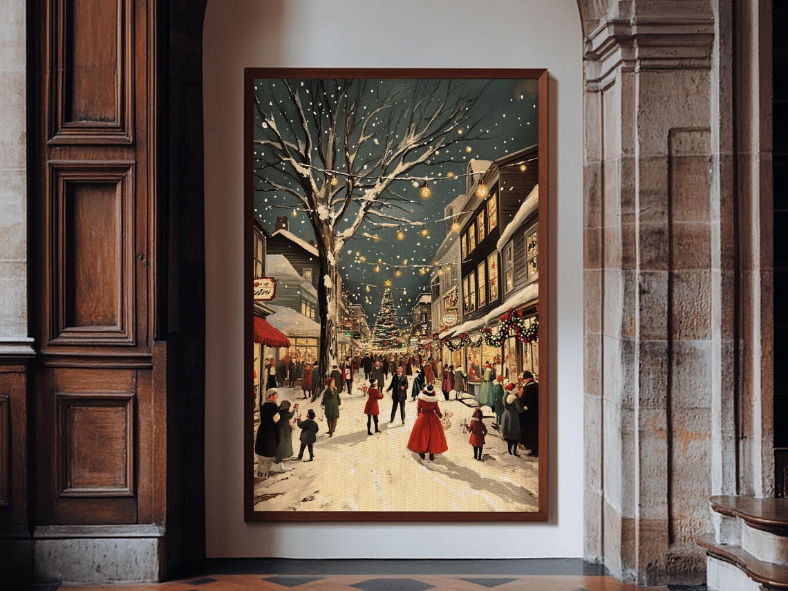 Christmas Eve Town Square Crowd Snowy Night Vintage Painting Poster