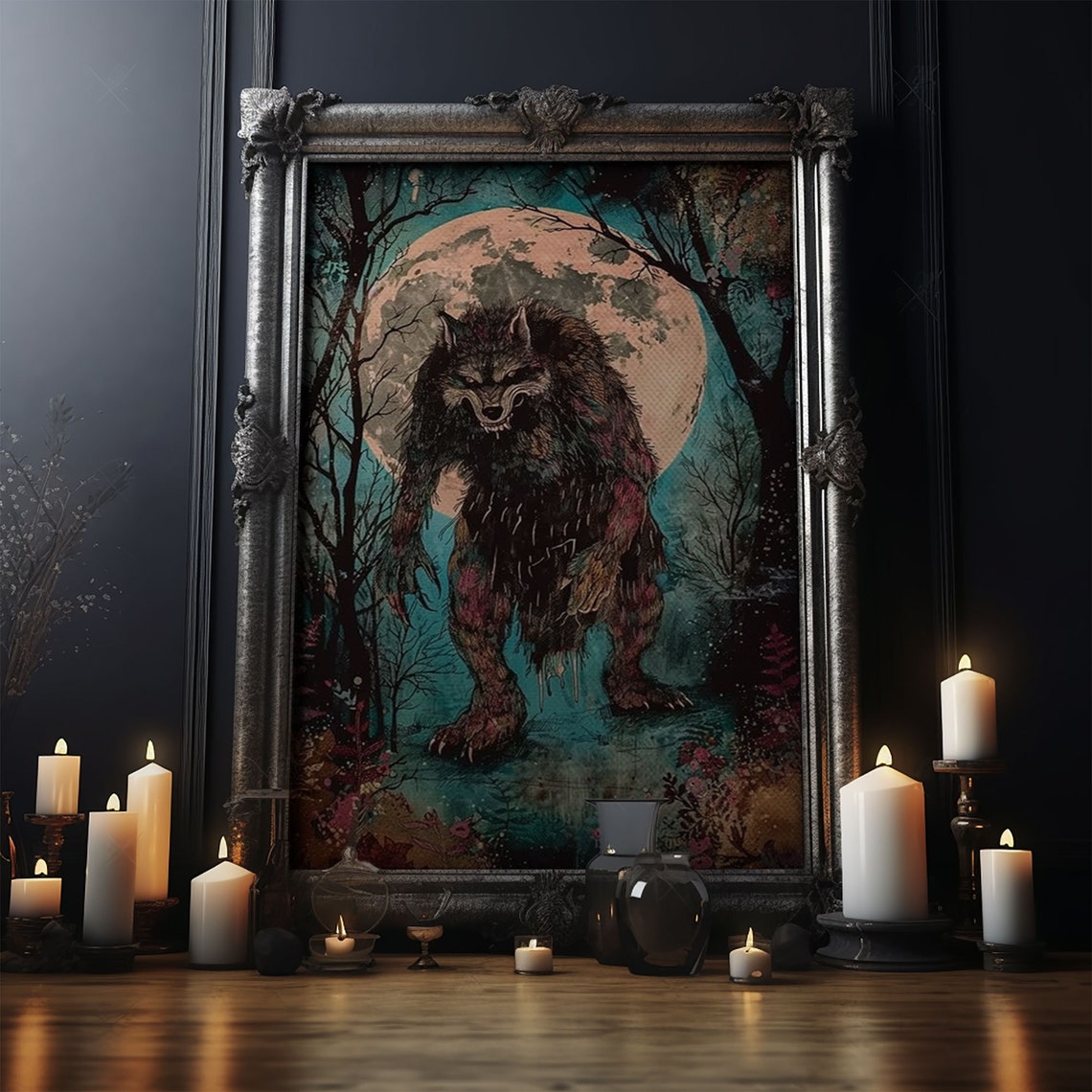Full Moon Werewolf Menacing Forest Beast Halloween Horror Art Poster - Image 4