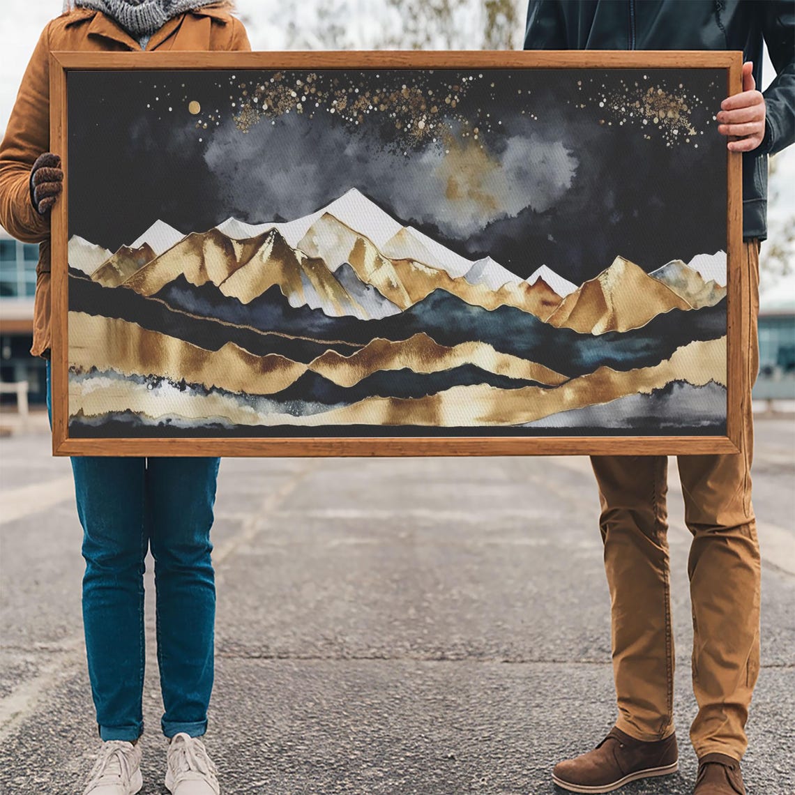 Black And Gold Abstract Mountain Peaks Modern Luxury Watercolor Poster - Image 3