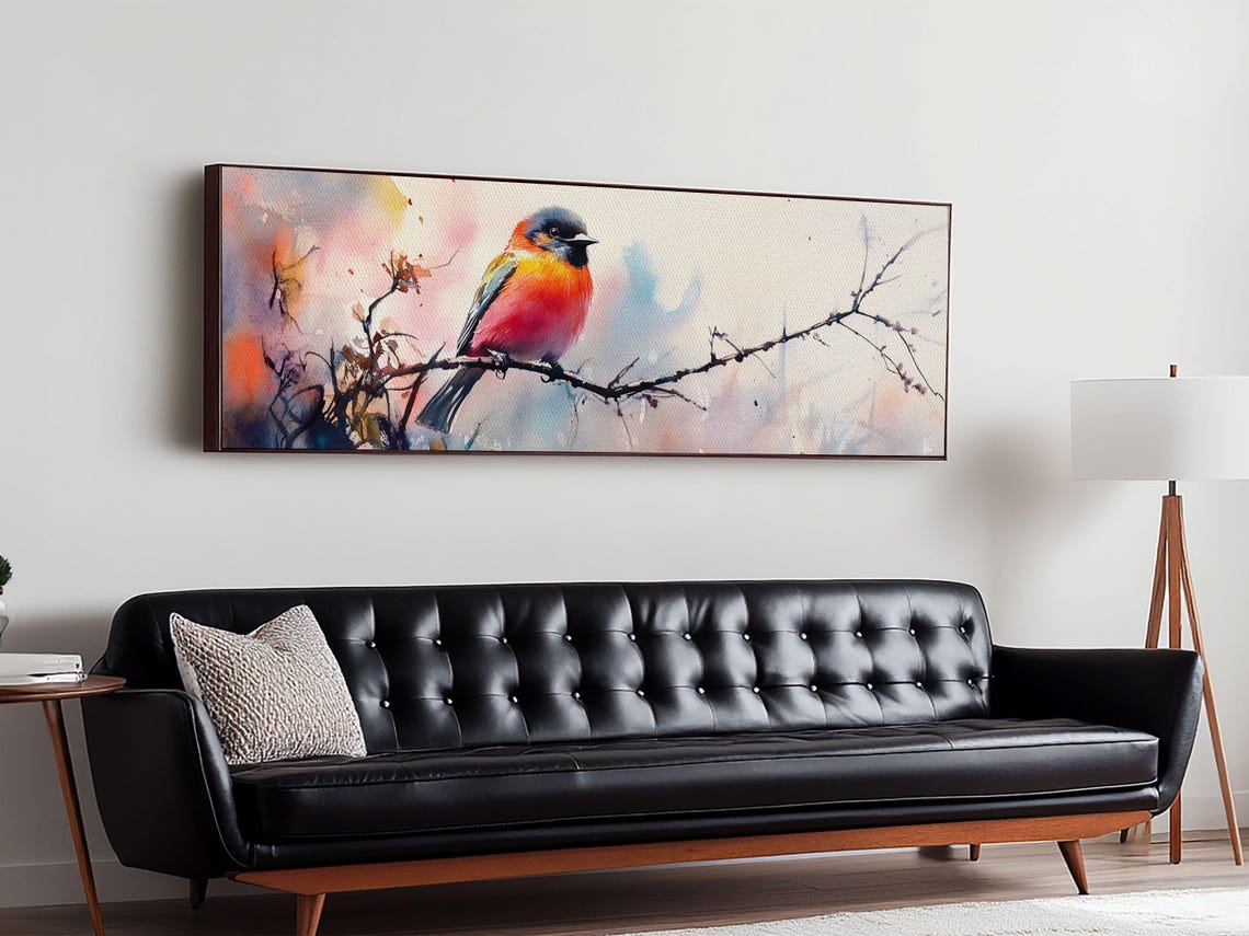 Autumn Colorful Songbird Watercolor Branch Panoramic Bird Wall Poster