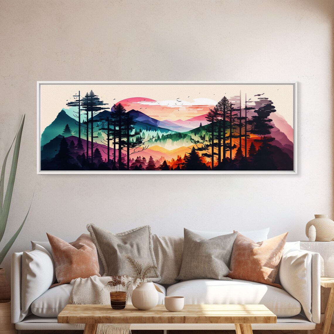 Vibrant Double Exposure Watercolor Of A Mountain Landscape And Pine Tree Forest At Sunset Wide Panoramic Framed Print - Image 5