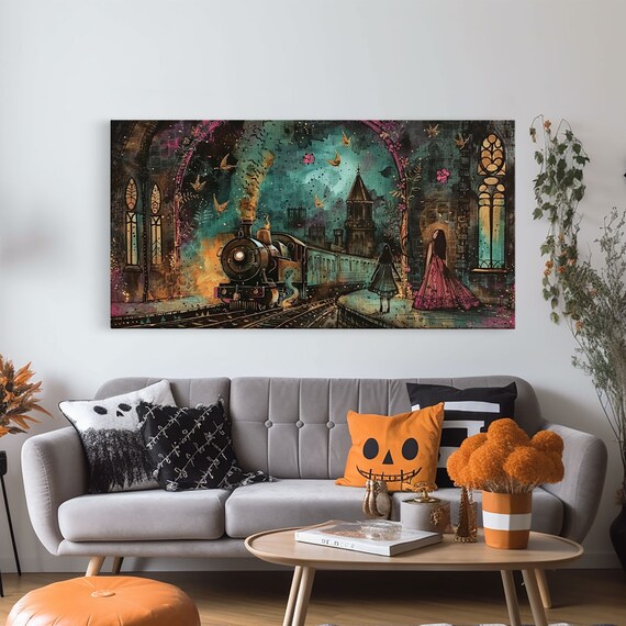 Spooky Steam Train Gothic Station Night Woman Red Dress Dark Academia Wall Art