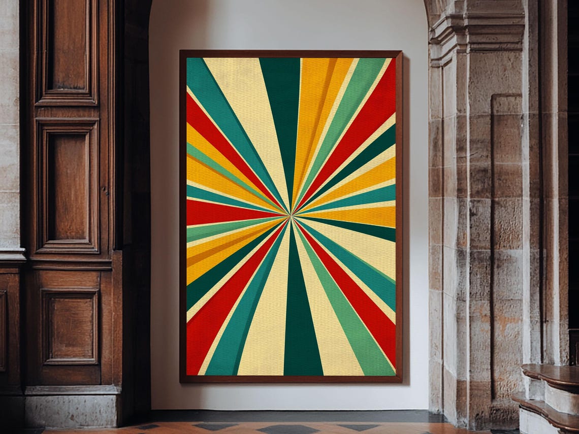 Retro Red Teal Yellow Sunburst Rays Vintage Style Abstract Poster - Image 3