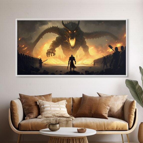 Warrior Facing Down A Dragon Framed Print Unique Fantasy Wall Art In The Time Of Dragons