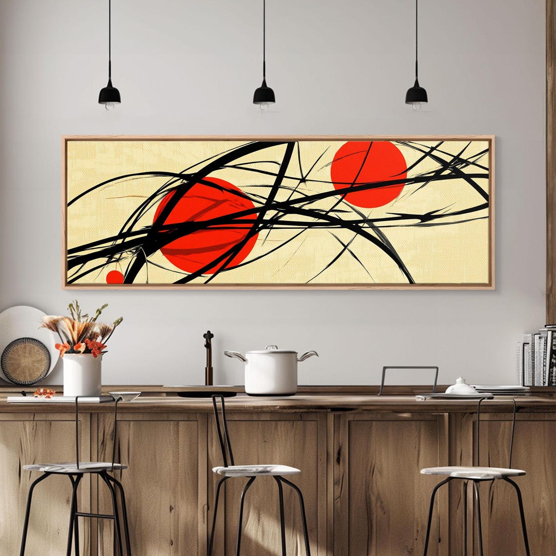 Sun Streaks 3 Red Suns With Black Streams Framed Print Mcm Style Geometric Abstract Wall Art - Image 4