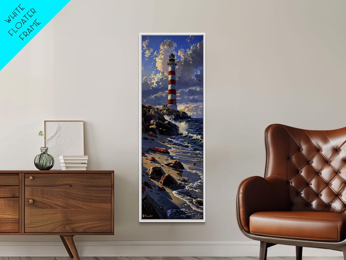 Red White Striped Lighthouse Rocky Shore Waves Blue Sky Poster - Image 5