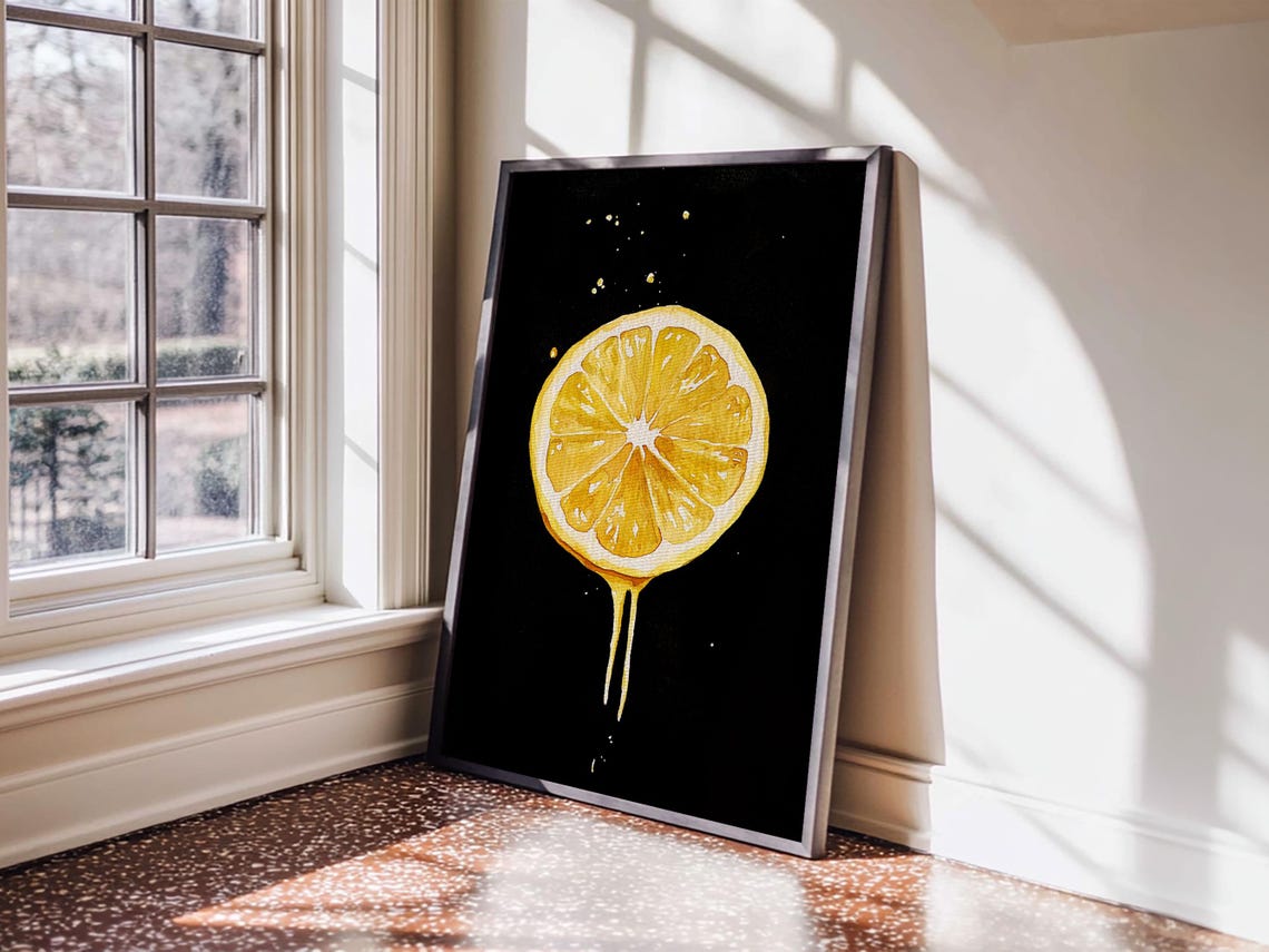 Fresh Lemon Slice Cross Section On Black Modern Kitchen Print - Image 2