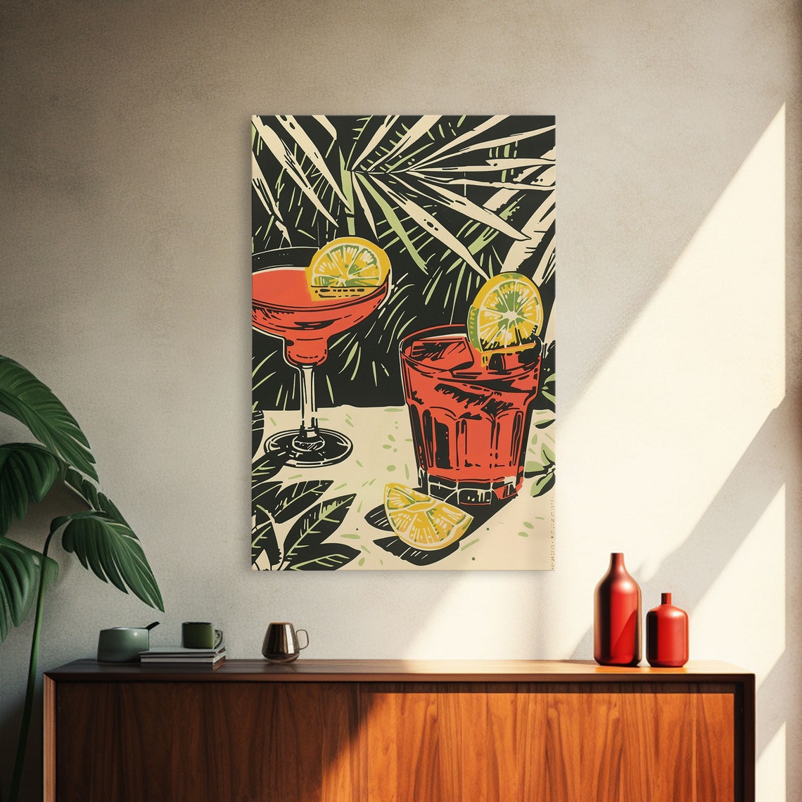 Retro Tropical Red Cocktails Palm Fronds Woodblock Style Bar Poster