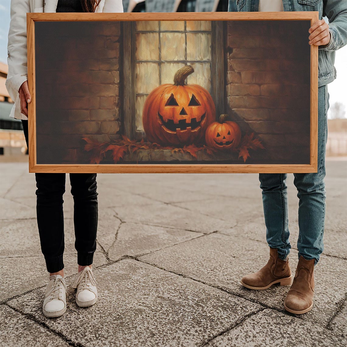 Jack O Lantern Pumpkins Windowsill Autumn Leaves Halloween Art Poster - Image 5