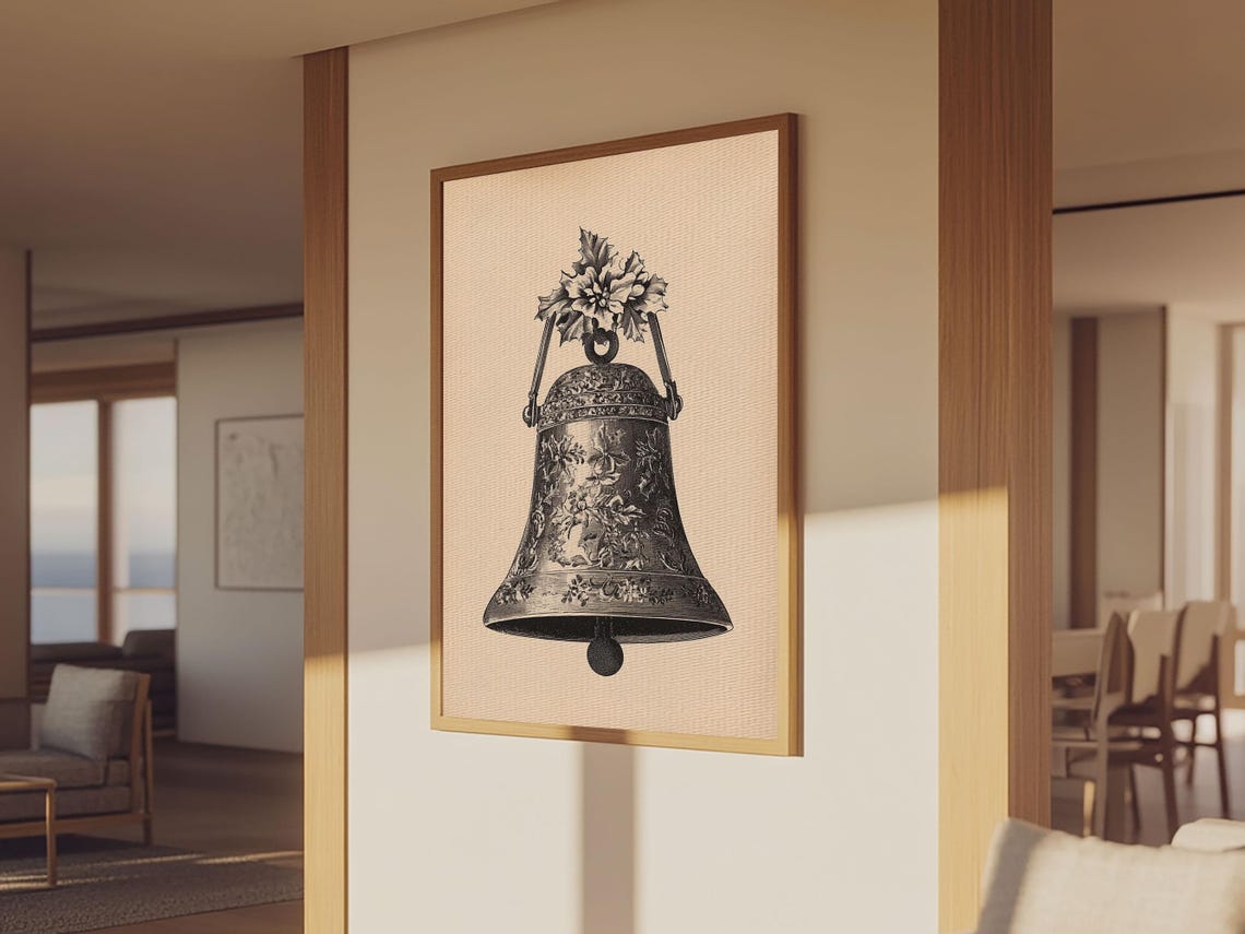 Vintage Christmas Bell Holly Etching Antique Sepia Holiday Art Poster - Image 2