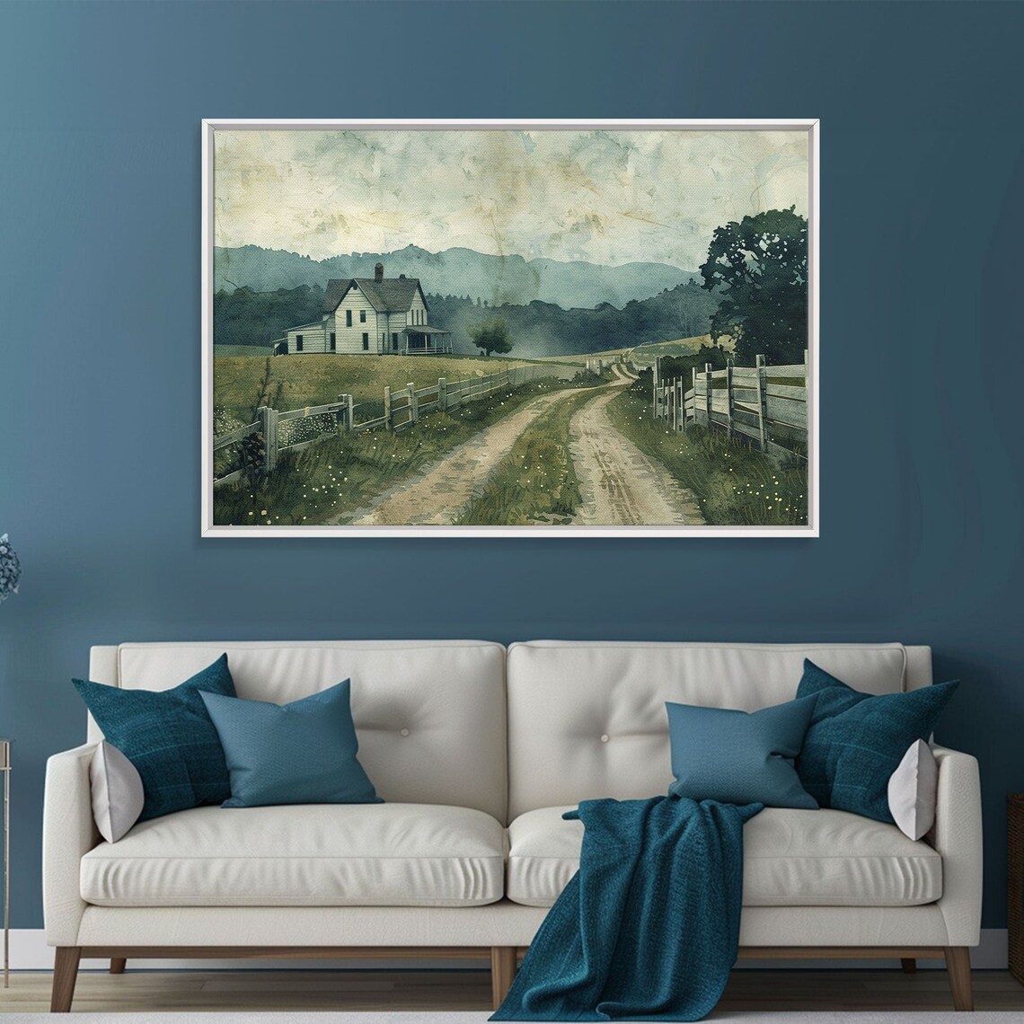 Country Road to White Farmhouse Watercolor Fences Misty Hills Poster - Image 4
