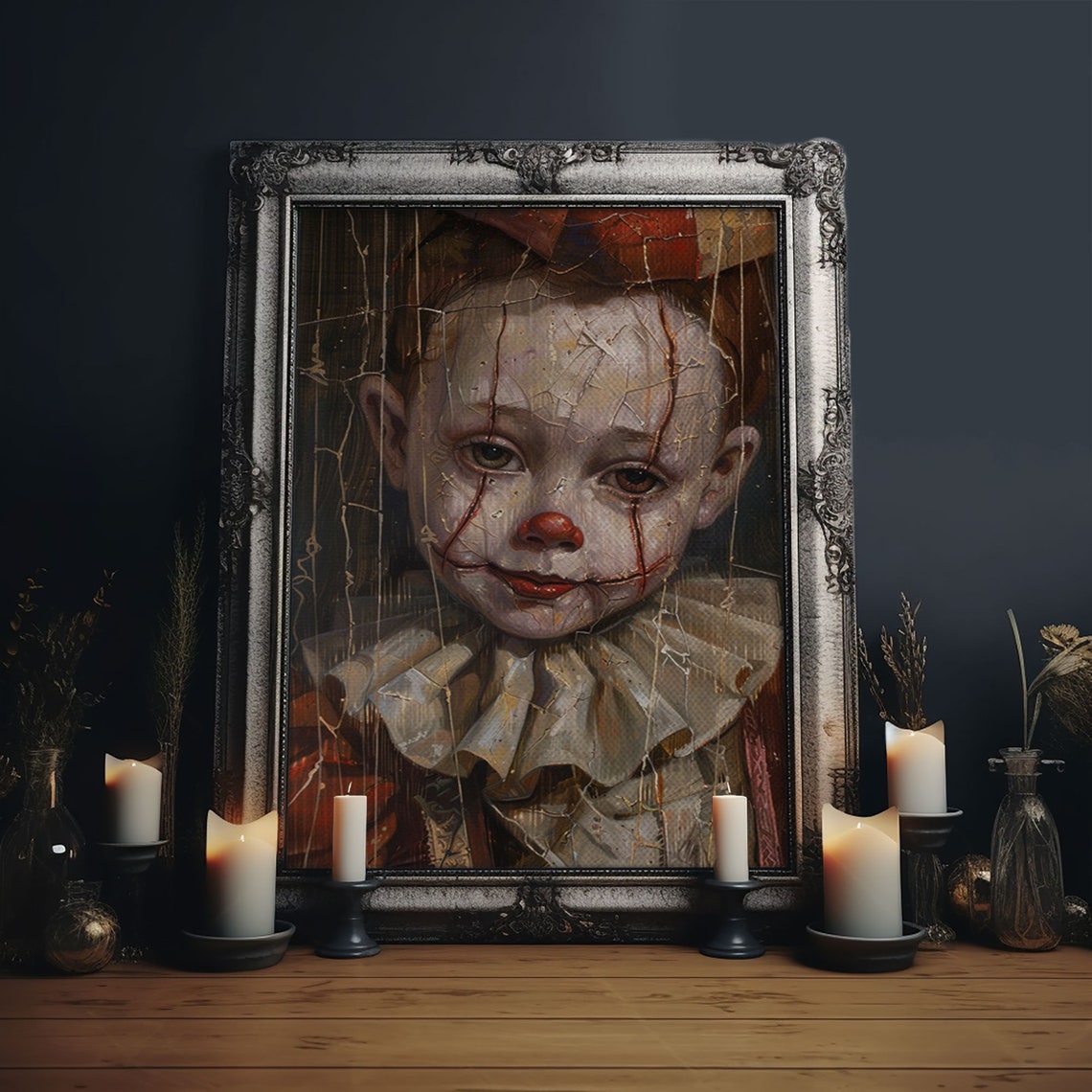 Haunting Creepy Clown Portrait With Cracked Face Spooky Wall Art