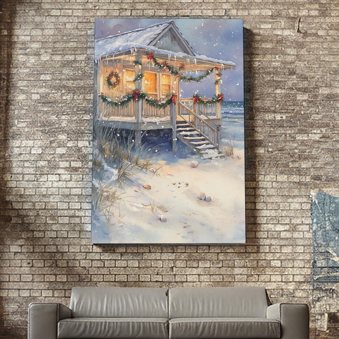 Snowy Beach Cottage Christmas Wreaths Ocean Glow Scene Poster - Image 2