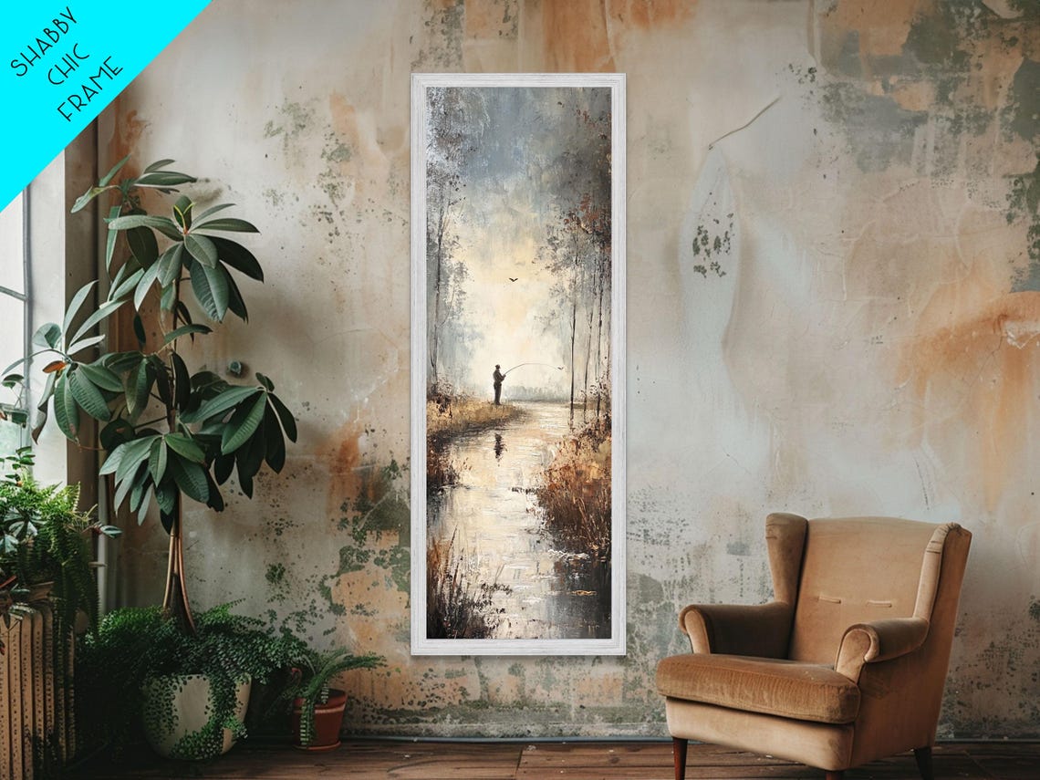 Fisherman On Misty Riverbank At Dawn Impressionist Nature Poster