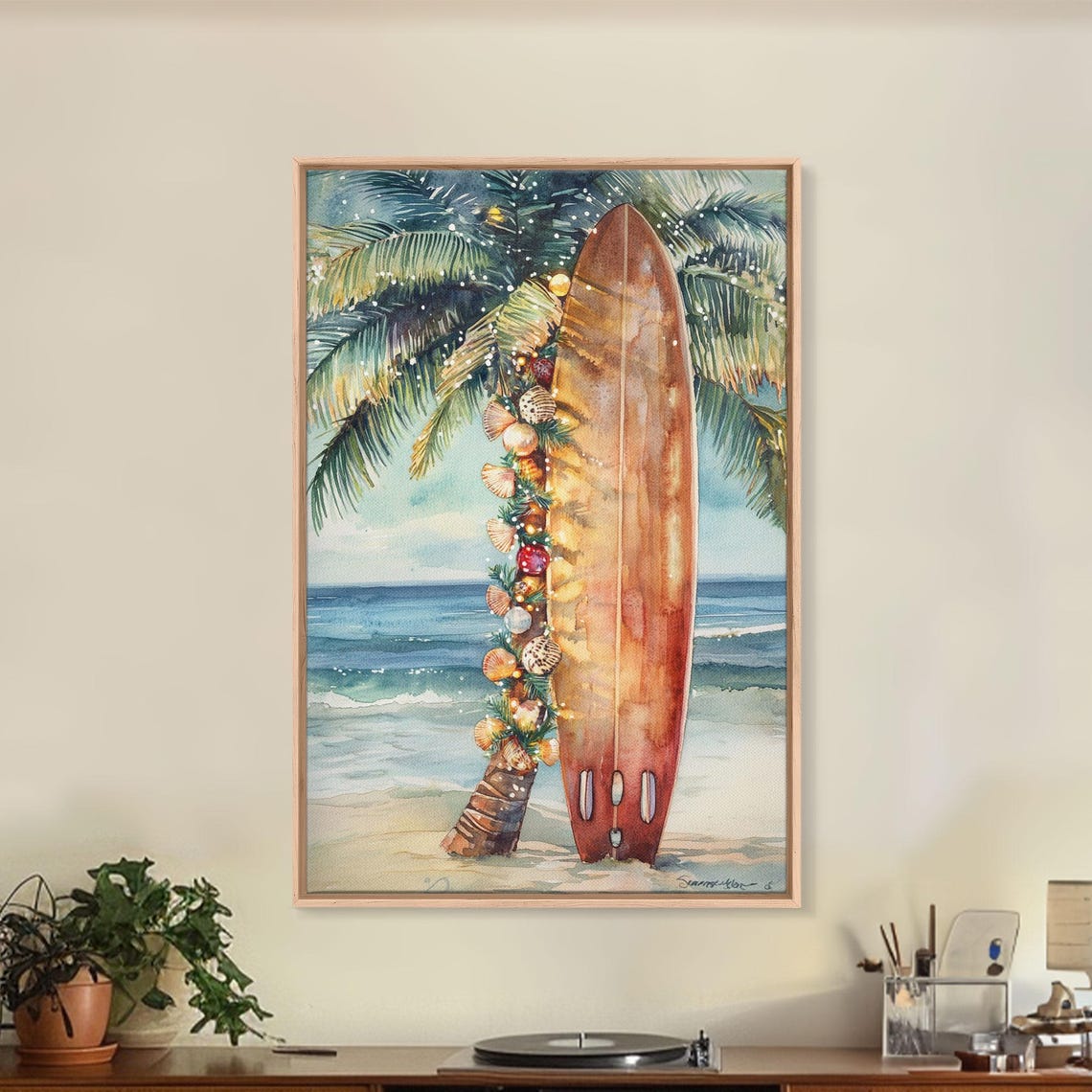 Christmas Surfboard With Garland And Seashells By Palm Tree Poster - Image 2