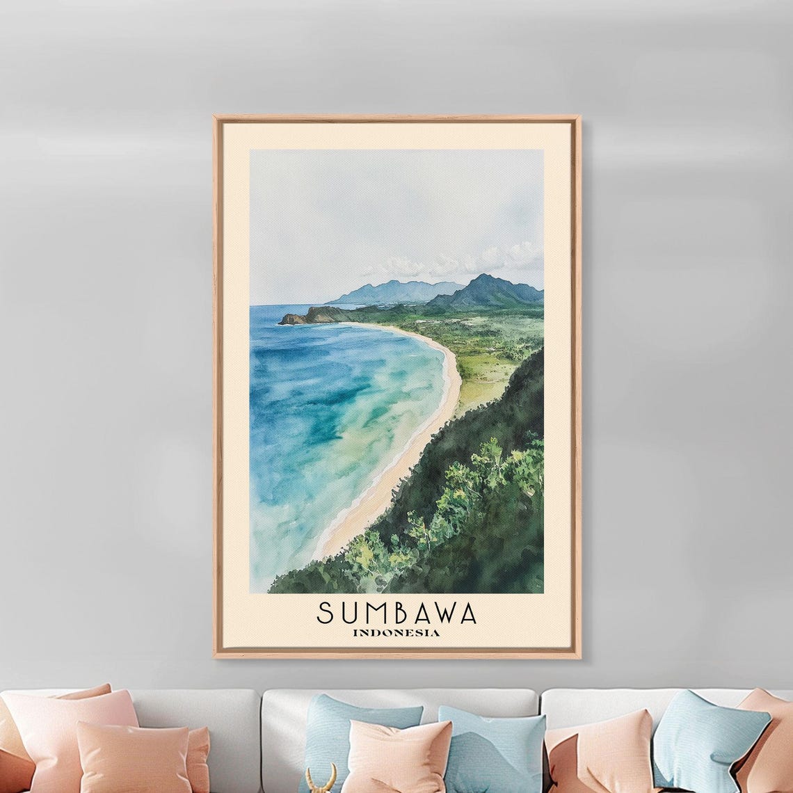 Sumbawa Indonesia Lush Green Bay Sandy Shore Mountain View Poster - Image 2
