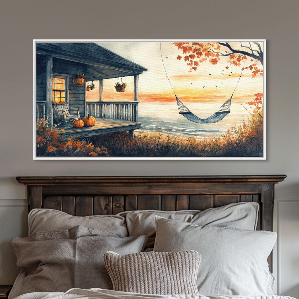 Autumn Beach Porch Pumpkins Sunset Hammock Ocean View Rustic Wall Art - Image 5