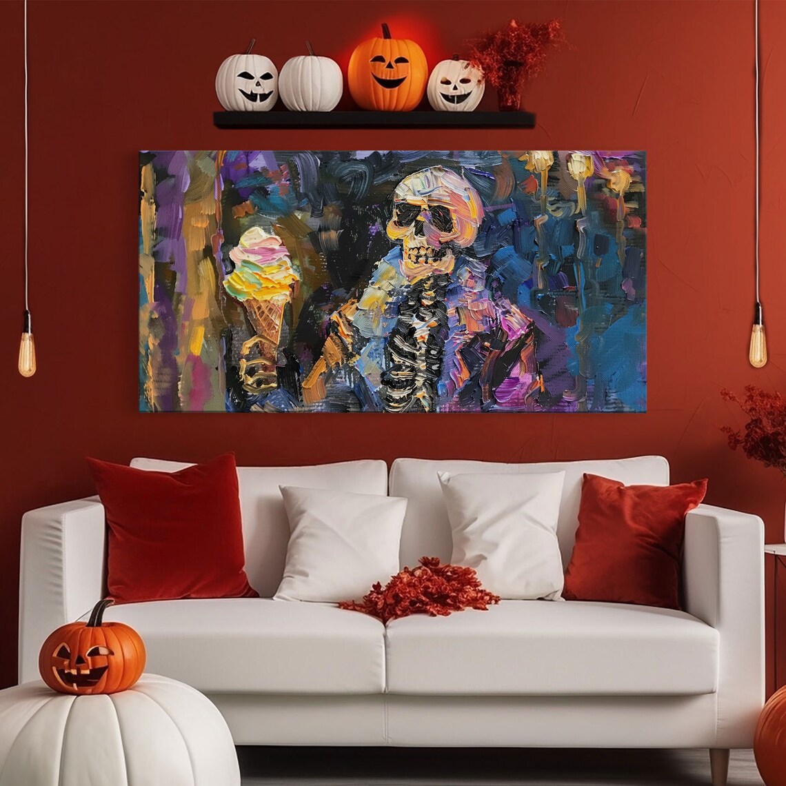 Skeleton Eating Ice Cream Cone Colorful Impasto Halloween Art Print - Image 6