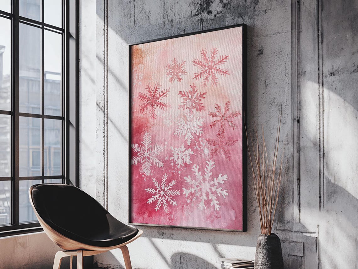 Pink Snowflakes Watercolor Winter Christmas Holiday Art Print - Image 5