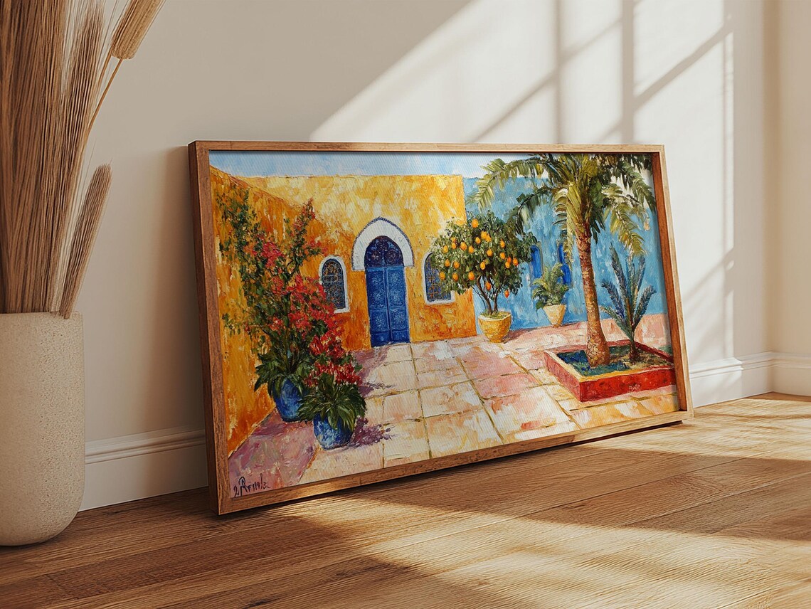 Colorful Mexican Courtyard Painting Blue Door Orange Blossoms Wall Art Print - Image 6