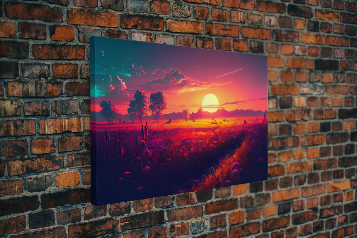 Watercolor Sunset Over Flower Field, Art Print