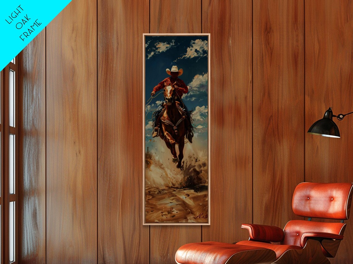 Cowboy Galloping Horse Lasso Dust Western Ranch Oil Painting Poster - Image 2