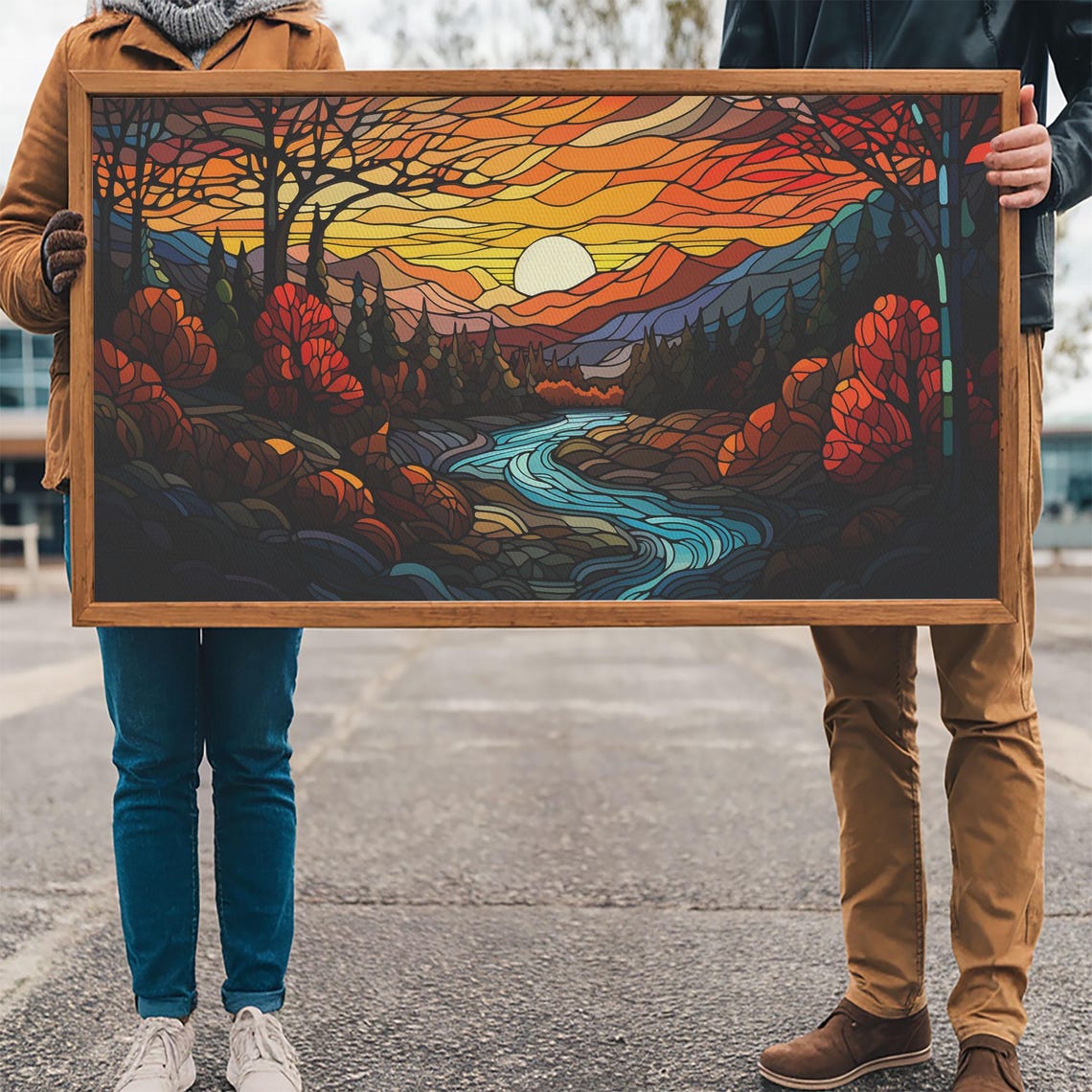 Stained Glass Autumn Landscape Winding River Sunset Mountains Poster - Image 3