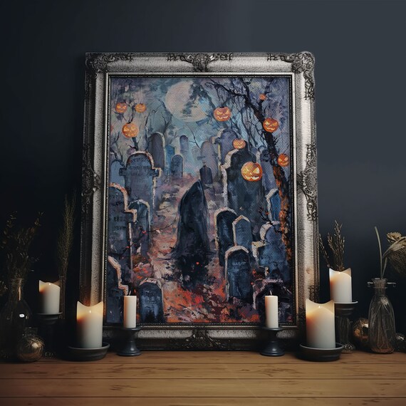 Jack O Lantern Graveyard Spooky Pumpkins Full Moon Art Poster