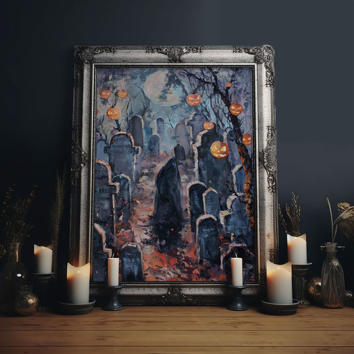 Jack O Lantern Graveyard Spooky Pumpkins Full Moon Art Poster