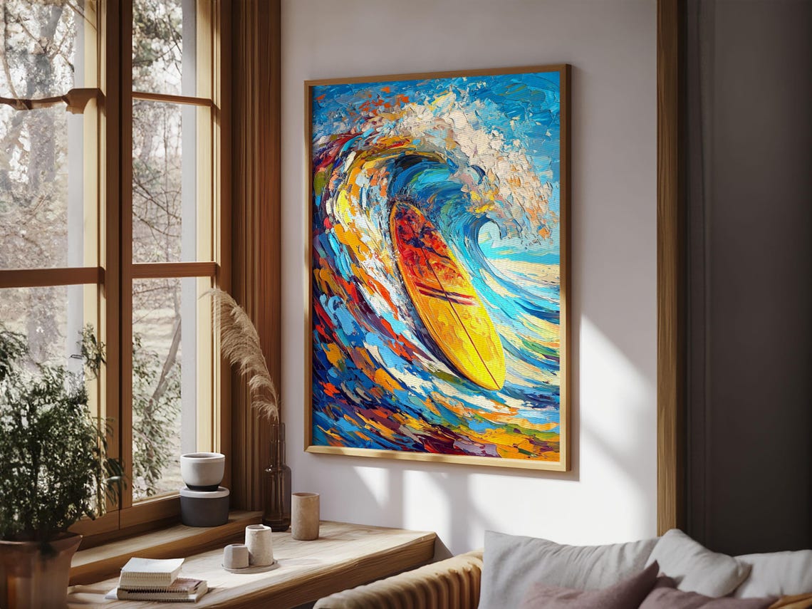 Energetic Surfboard Wave Print With Bold Abstract Coastal Painting And Nautical Decor For Extra Wide Wall Art Display - Image 2