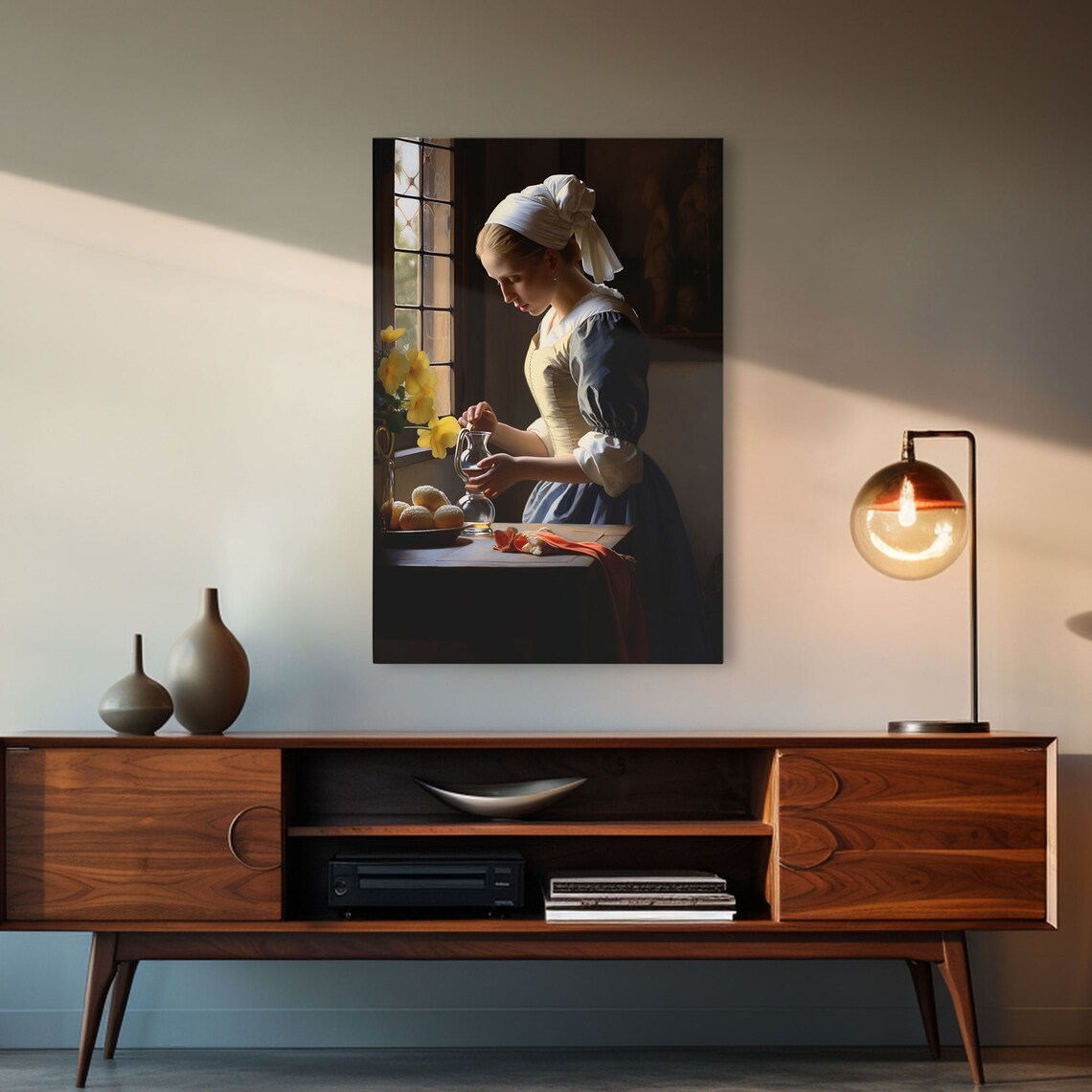 Dutch Old Master Woman Pouring at Window Yellow Flowers Kitchen Art Print - Image 5