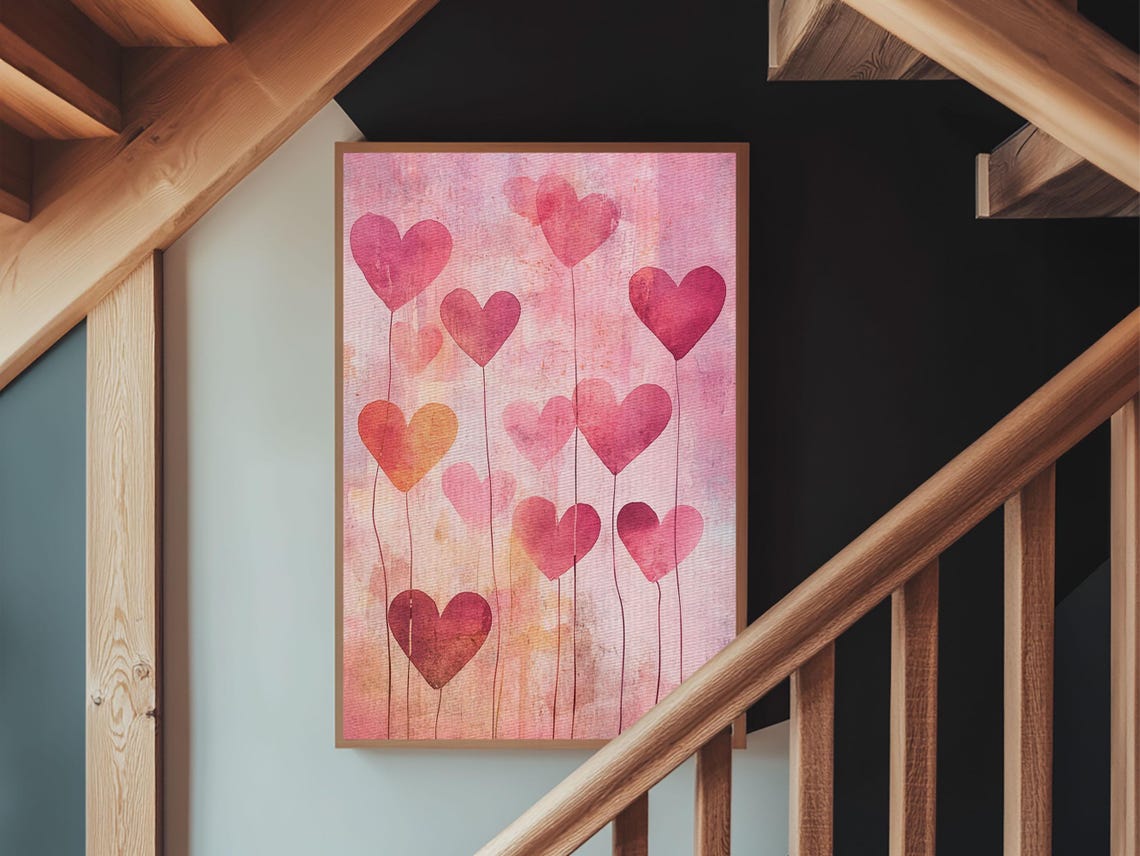 Pink Heart Balloons Watercolor Whimsical Love Valentines Wall Poster - Image 3