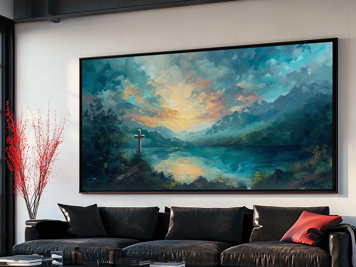 Cross By Mountain Lake Sunrise Oil Painting Peaceful Christian Wall Art Poster - Image 6