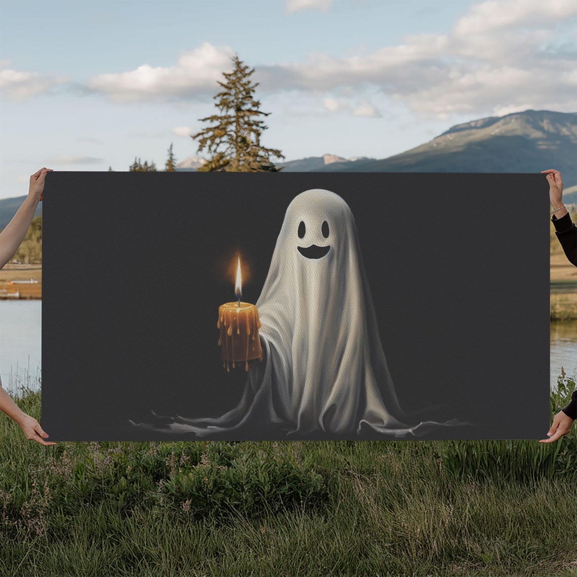 Smiling Ghost Holding Candle Cute Halloween Oil Painting Dark Poster - Image 6