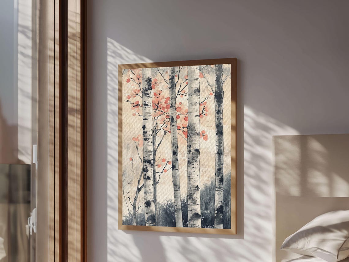 Watercolor Birch Trees With Red Blossoms Autumn Forest Poster - Image 4