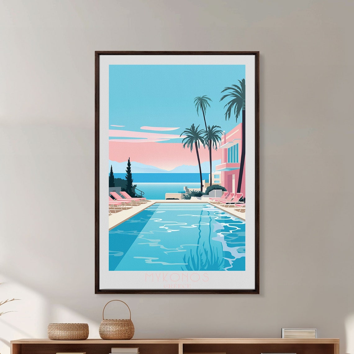 Mykonos Greece Poolside Palm Trees Pink Sunset Sea View Poster